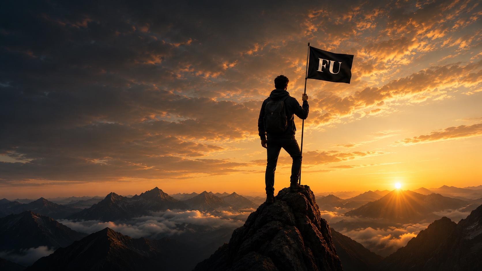 A founder standing on a mountain summit at sunset, planting a Founders University flag